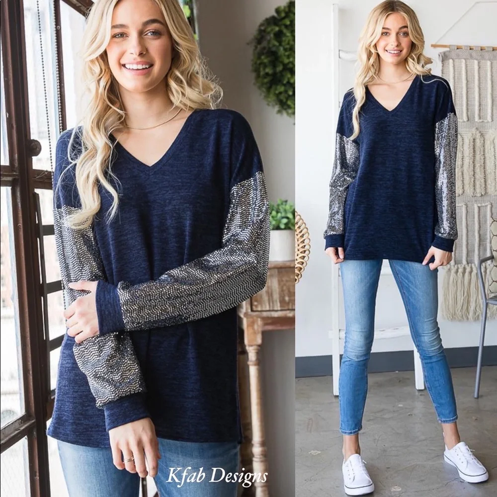 ❤️LAST! V Neck Midnight Blue Super Soft Sequin Sleeve Top! - Picture 1 of 16